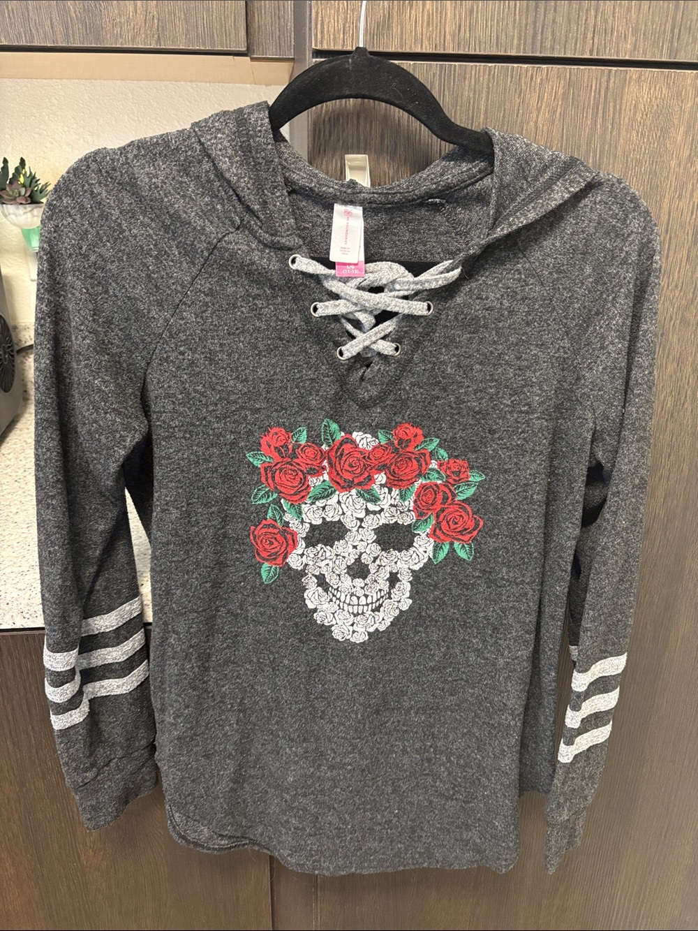 No Boundaries Charcoal Gray Lace-Up V-Neck Sweater with Red Rose Skull